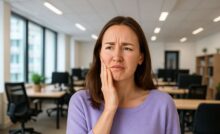 Žena v kancelářském prostředí trpí bolestí zubu, drží si tvář levou rukou a má výraz obličeje vyjadřující nepohodlí a napětí, což naznačuje akutní bolest nebo podráždění zubního nervu, pravděpodobně v důsledku kazu, zánětu nebo jiného stomatologického problému.